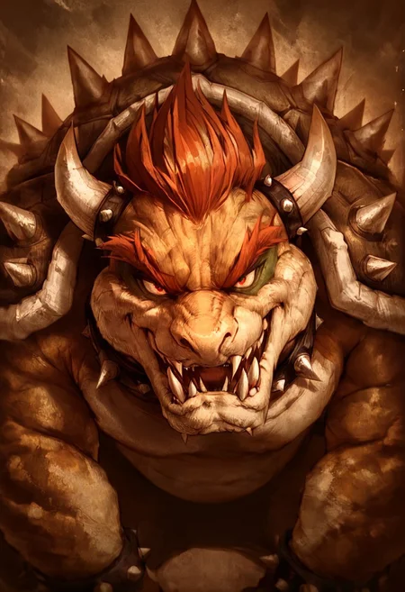 masterpiece, best quality, newest, absurdres, highres, D3CSPS-V1.0, brown theme, sepia, 1boy, bowser, spikes, spiked shell, spiked tail, spikes, turtle shell, horns,