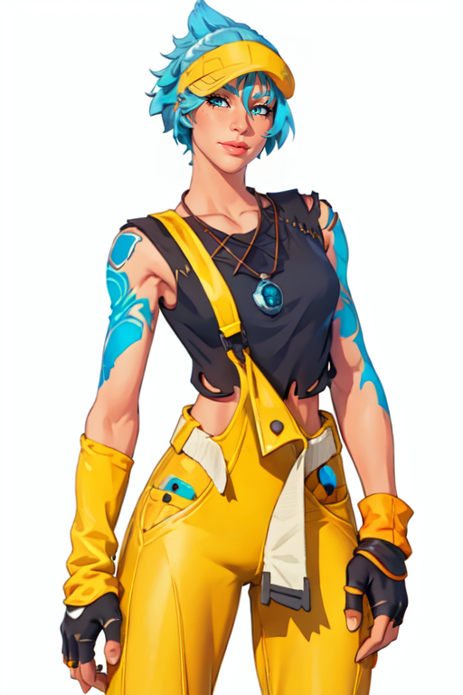masterpiece,best quality,face detail,extreme detail,8k,white background,<lora:Comet:0.8>,cometfn,1girl,solo,looking at viewer,short hair,bangs,shirt,gloves,jewelry,closed mouth,blue hair,cowboy shot,fingerless gloves,necklace,lips,torn clothes,tattoo,single glove,nose,visor cap,single sleeve,single fingerless glove,yellow pants,standing pose,