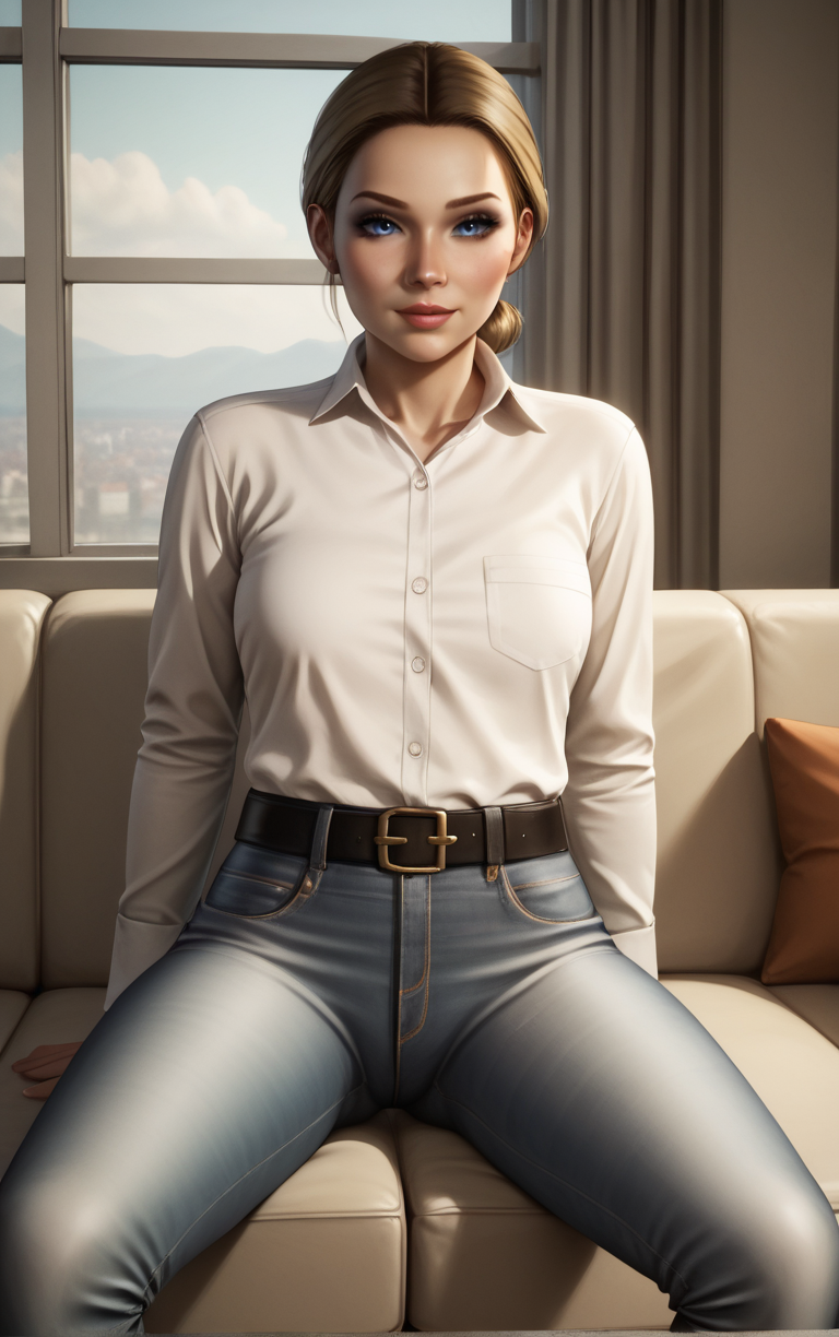score_9, score_8_up, score_7_up, BREAK
WhiteShirt_AlanWake_ownwaifu, 
1girl, blonde hair, blue eyes, breasts, hair behind ear, hair pulled back, single hair bun, brown hair, short hair, ponytail, lips, 
collared shirt, white shirt, long sleeves, pants, jeans, denim, belt, black pants, buttons, dress shirt, black belt, formal, shirt tucked in,
(sitting, spread legs), arms behind back, couch, window shade, indoors, <lora:PONYXL_GAME_AlanWake_ownwaifu:0.95> , depth of field, solo,