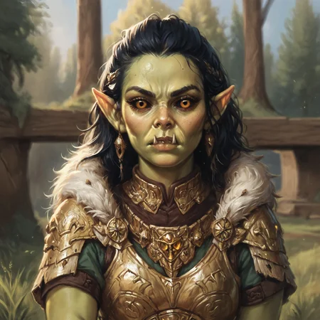(((beautiful, high quality))), upper Body, score_9, score_8_up, score_7_up, valeria, Orc, fangs, pointed ears, black sclera, 1girl, green skin, amber eyes, amber eyes, fur trim, fur armor, looking at the viewer, dynamic pose, blurred background, in the style of jeff-easley, oil painting, realistic, black hair, short sleeves, serious look,