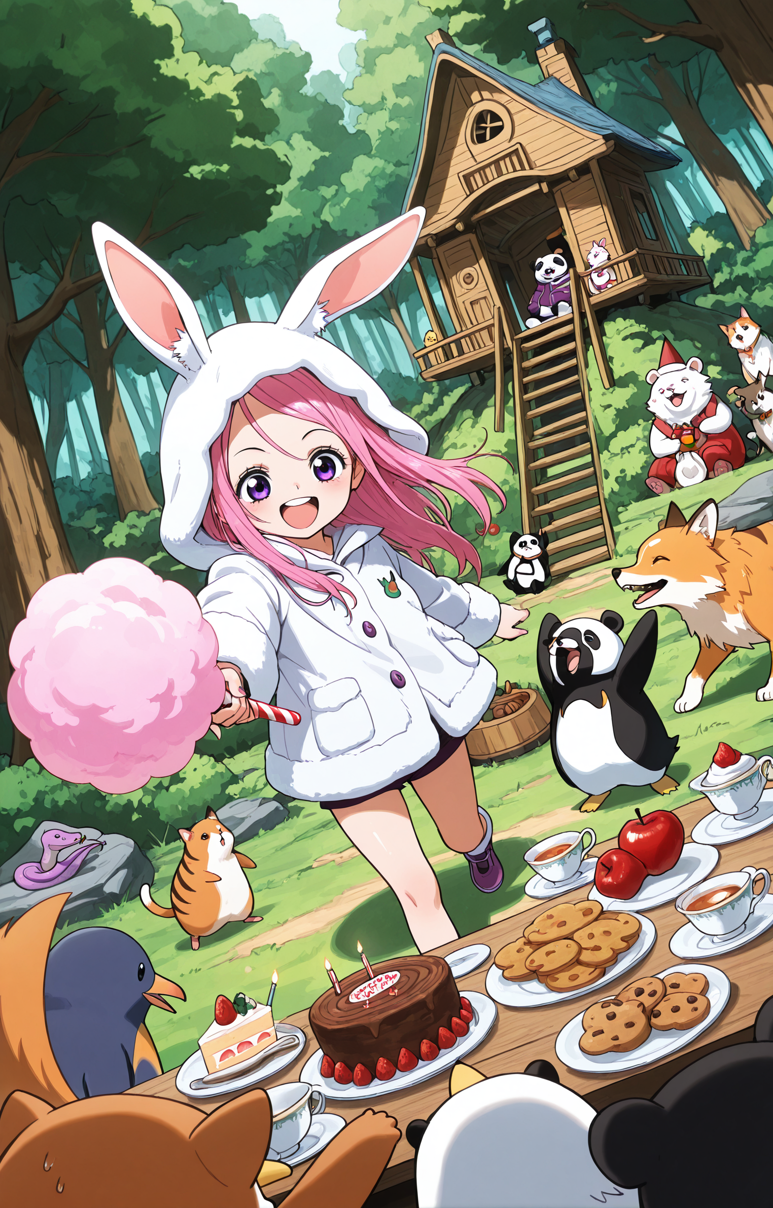 uncensored,amazing quality,masterpiece,best quality,newest,highres,absurdres,
BREAK
<lora:kanon648:0.75>,kanon648,
BREAK
bonneyillustrious,long hair,purple eyes,pink hair,eyelid piercing,
aged down,<lora:bonneyIllustrious>,
white fur coat,rabbit ears,hood up,((clothed female)),happy,bird,outdoor,sunny,animals,forest,penguin,chick,æ¶æ¡è±,cat,dog,cow,horse,fox,snake,bear,panda,tiger,hamster,(foreshortening:1.3),cinematic_angle,cake,candy,candy_cane,cream,cotton_candy_,cookie,apple,teacup,meat,fruit,treehouse,