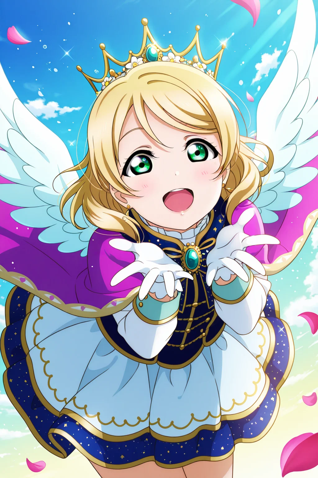 <lora:Love_Live:1>, Love Live, 1girl, green eyes, gloves, crown, solo, open mouth, white gloves, flower, blonde hair, jewelry, looking at viewer, cape, sky, petals, wings, long sleeves, gem
