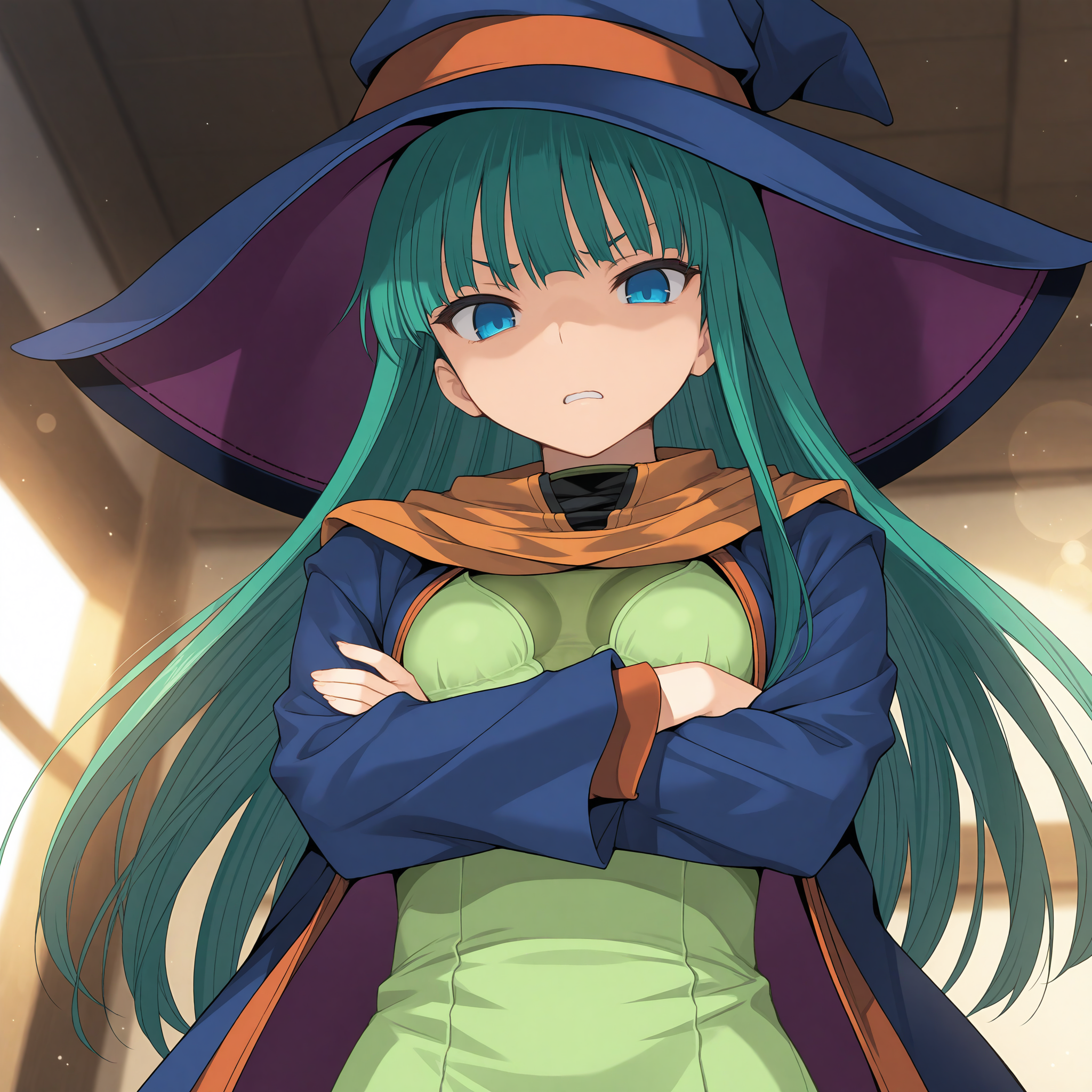 <lora:Masou_Shizuka_03_1_nai-000052:1>,Masou Shizuka,blue eyes,
official outfit,witch hat,green dress,blue coat,blue hat,
1girl,solo,standing,crossed arms,from below,looking down,depth of field,lens_flare,front view,disgust,shaded_face,face_focus,upper_body,bust,