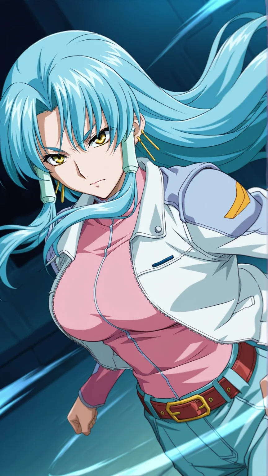 source_anime, general, best quality, masterpiece, 1girl, <lora:Glacies_ill_v1.1:1> glacies\(srw\),hair tubes, blue hair,yellow eyes, large breasts,long hair,earrings, jewelry, jacket, belt,dynamic pose, dutch angle, serious,