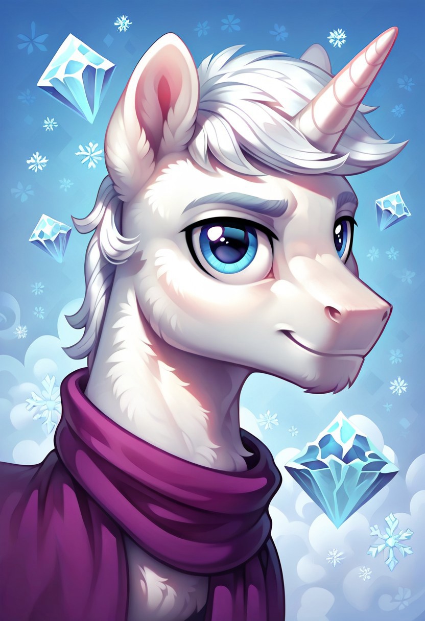 score_9, score_8_up, score_7_up, score_6_up, score_5_up, score_4_up, my little pony, ((feral pony)), ((double diamond)), 1MAN, ((solo)), (sexy), beautiful, detailed, (detailed handsome pony face), detailed blue eyes, ((detailed pure white fur:1.9)), muscular stallion:1.5, beautiful, vector, (beautiful feral unicorn pony), (beautiful white hair), (light blue crystal background:1.5), (looking at you), (calm expression), snowflakes, snowing, purple scarf