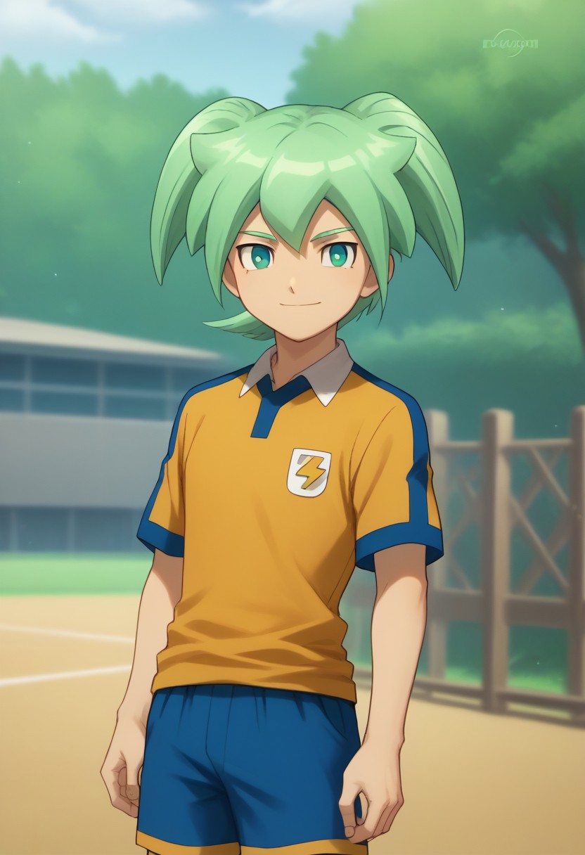 score_9, score_8_up, score_7_up, source_anime, highly detailed, 
feirun, 1boy, male focus, solo, green hair, twintails, green eyes, sportwear, raimon, raimon soccer uniform, shirt, yellow shirt, short sleeves, shorts, blue shorts, smile
outdoor,