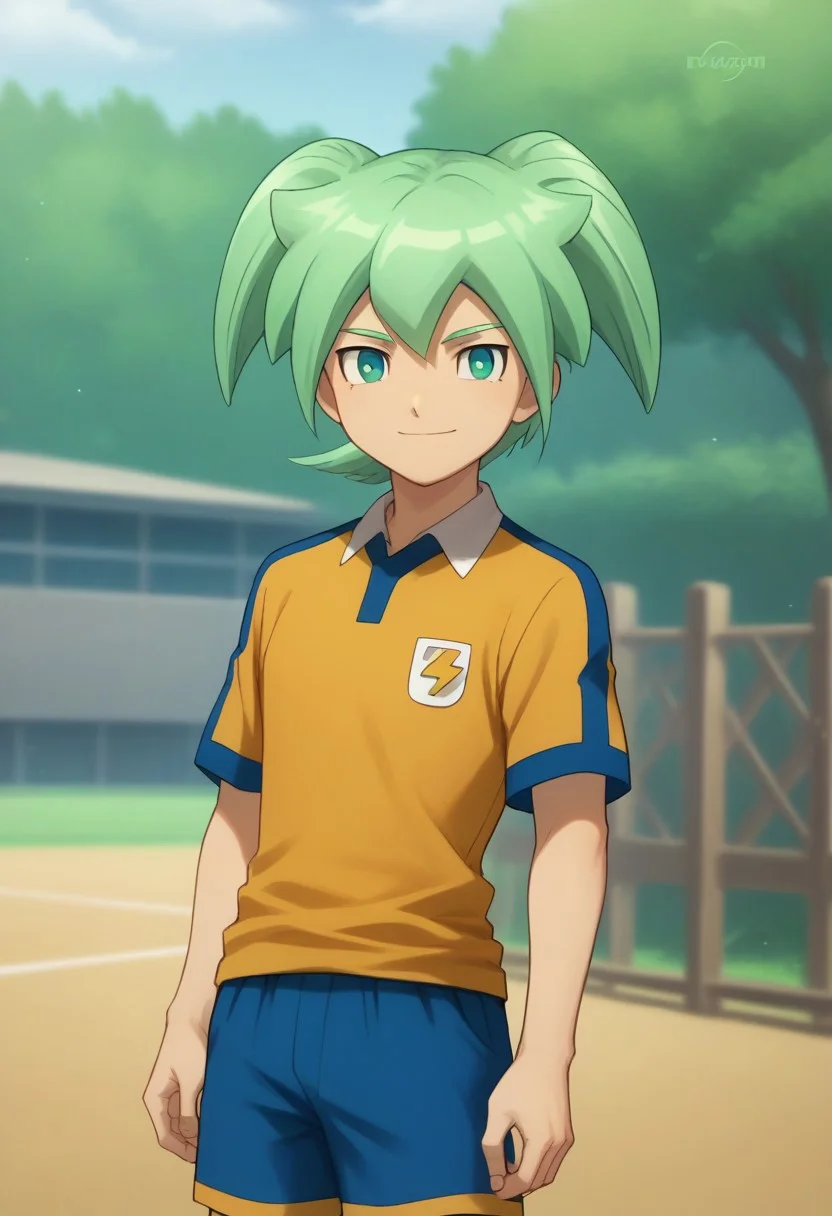 score_9, score_8_up, score_7_up, source_anime, highly detailed,
feirun, 1boy, male focus, solo, green hair, twintails, green eyes, sportwear, raimon, raimon soccer uniform, shirt, yellow shirt, short sleeves, shorts, blue shorts, smile
outdoor,