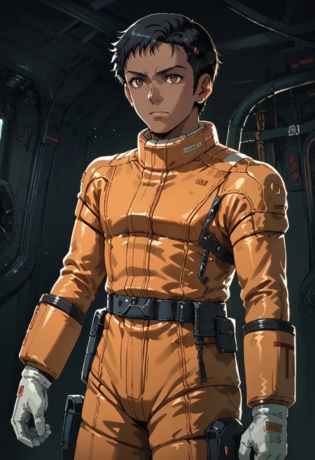 score_9, score_8_up, score_7_up, score_6_up, score_5_up, score_4_up, source_anime, kneeland_lesean, brown eyes, black hair, brown skin, fatigues, zgundam pilotsuit,
