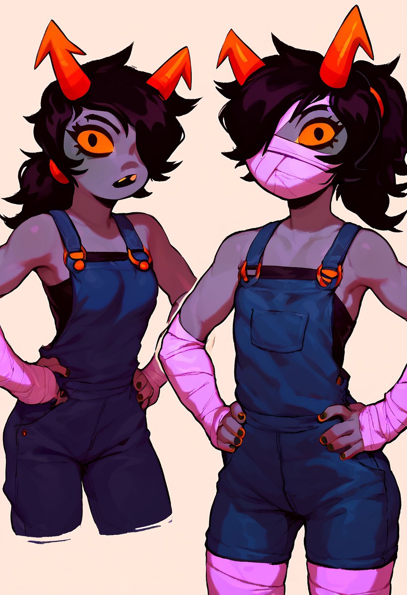 score_9, score_8_up, score_7_up, 1girl, Polypa Goezee, bandaged face, bandaged arms, bandaged legs, black hair, ponytail, small breasts, horns, yellow eyes, petite, muscular, hands on hips, looking at viewer, raised eyebrow, bandages over eye, black overalls, looking at viewer, grey colored skin, white background, homestuck troll
