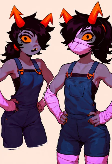 score_9, score_8_up, score_7_up, 1girl, Polypa Goezee, bandaged face, bandaged arms, bandaged legs, black hair, ponytail, small breasts, horns, yellow eyes, petite, muscular, hands on hips, looking at viewer, raised eyebrow, bandages over eye, black overalls, looking at viewer, grey colored skin, white background, homestuck troll