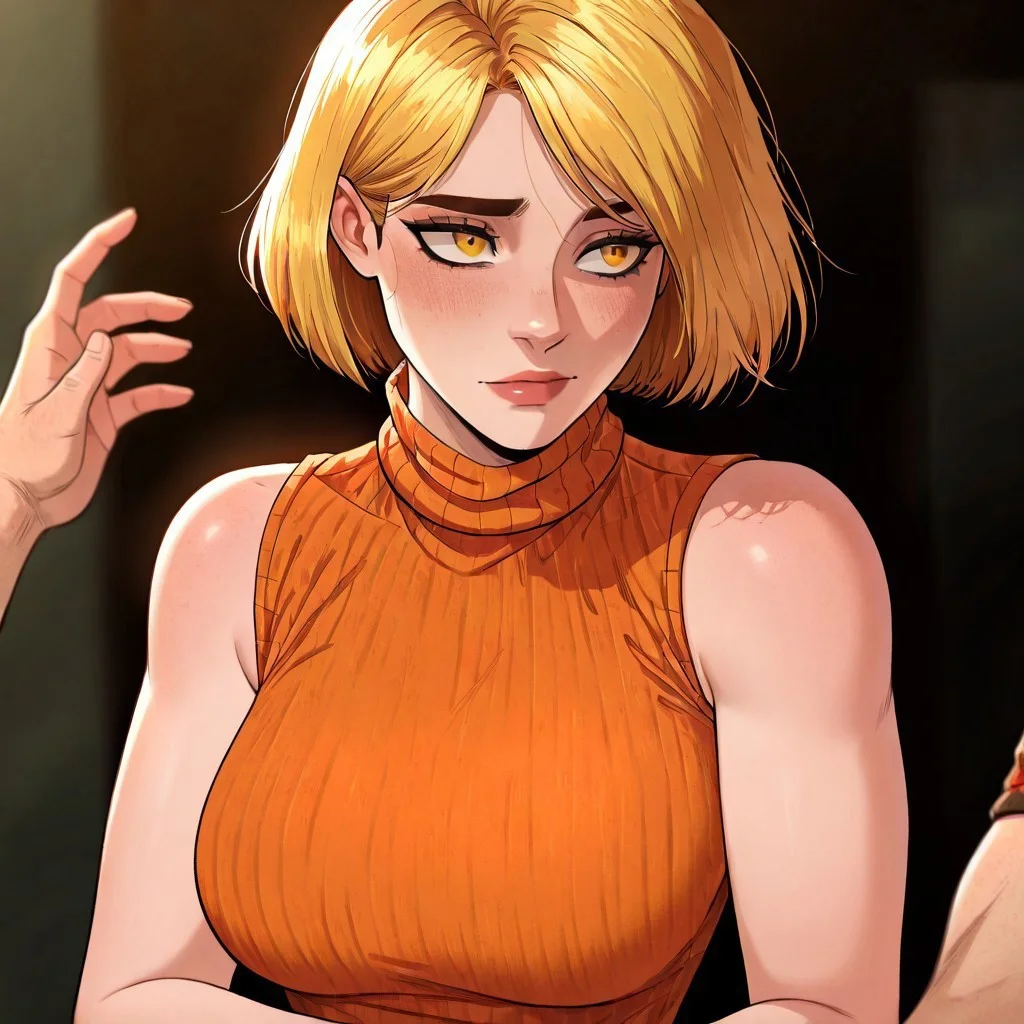 masterpiece, best quality, newest, absurdres, highres, ECM-V1.0, solo, solo focus, 1girl, ashley graham (resident evil), blonde, orange shirt, blonde hair, orange sweater, sleeveless, sleeveless sweater, sleeveless tutrleneck, turtleneck, short hair, curtained hair,