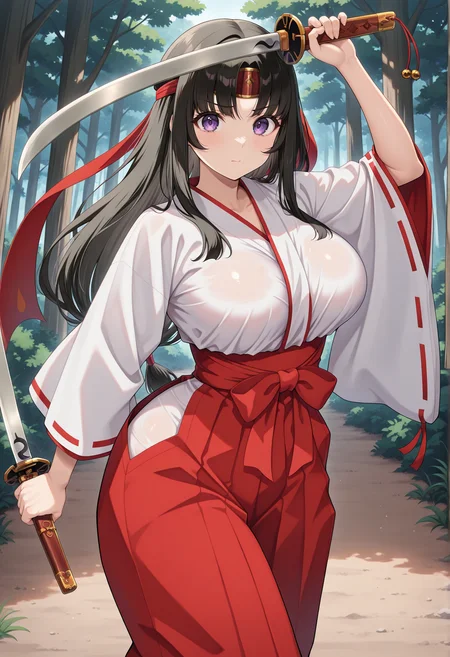 1girl, solo, black hair, long hair, purple eyes, hime cut, headband, japanese clothes, miko, holding katana, outdoors, forest  <lora:tomoe_illus:1>, masterpiece, best quality, amazing quality, very aesthetic, absurdres, highres, newest