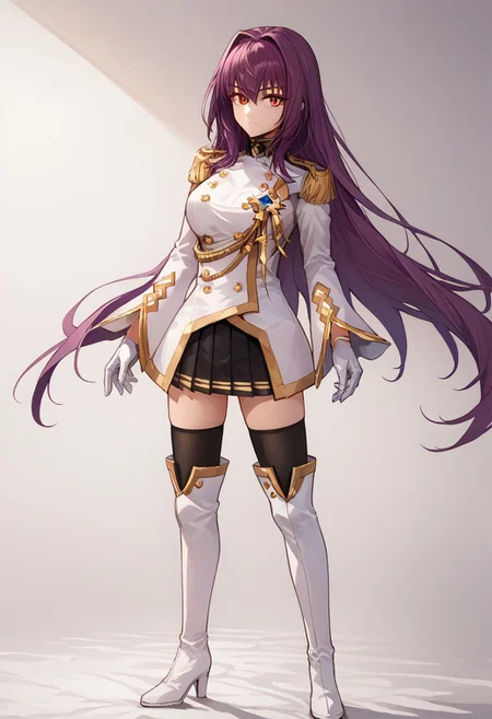 score_9, score_8_up, score_7_up, source_anime, good anatomy, 1girl, solo, ScaMakyou, long hair, purple hair, hair between eyes, red eyes, black collar, white military uniform, double-breasted uniform, aiguillette, epaulettes, pendant with blue gem, white gloves, black pleated skirt, gold-trimmed black miniskirt, black thighhighs, white thighboots, standing, full body
