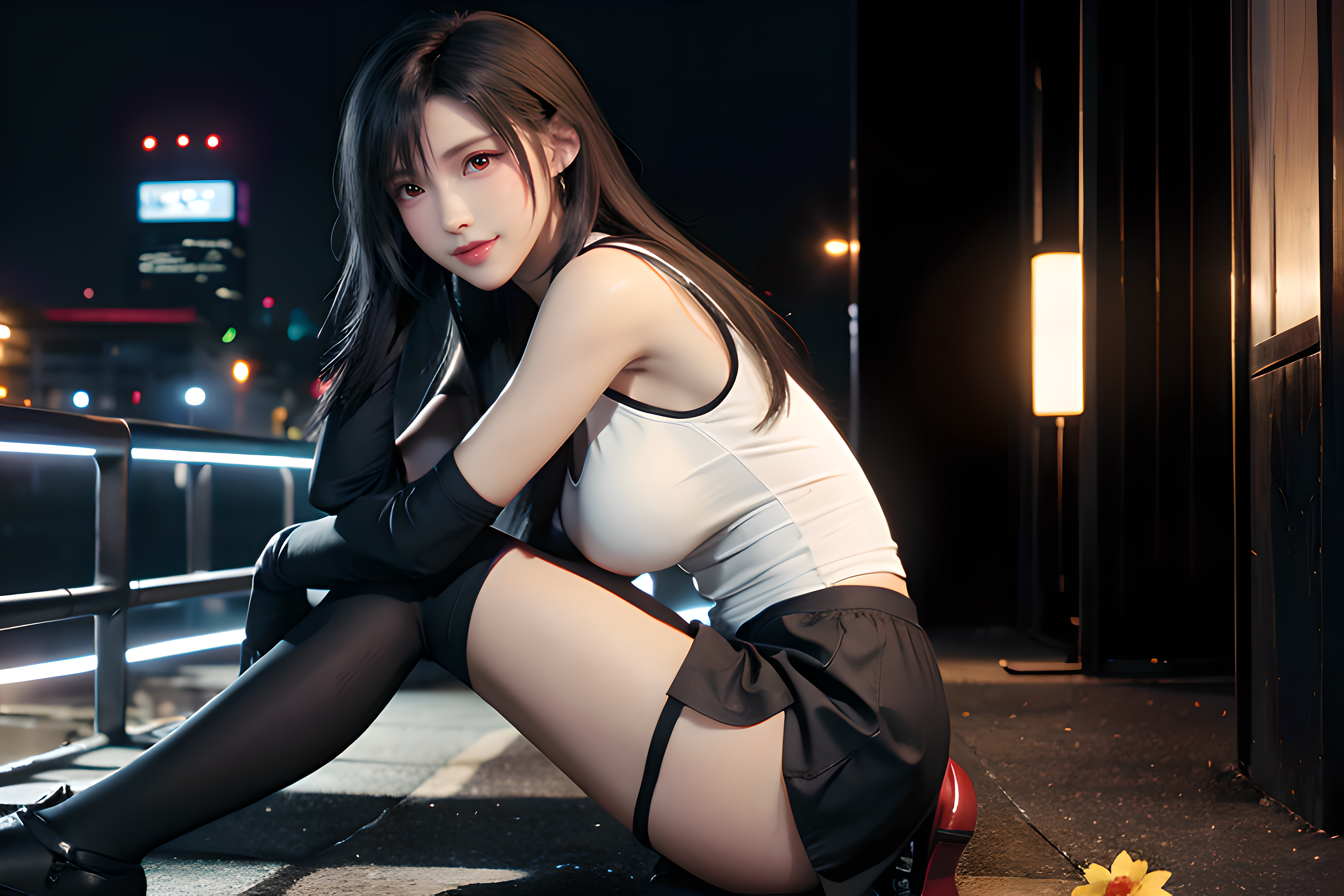 pureerosface_v1,ulzzang-6500,corneo_covering_breasts_one_arm, ass, <lora:koreanDollLikeness:0.15>, <lora:tifa_v2.3:0.7>, (8k, best quality, masterpiece:1.2), (realistic, photo-realistic:1.37), ultra-detailed, 1 girl,cute, solo, ((tifa lockhart,tifa tifa lockhart's sporty dress)), (big breasts),(beautiful detailed eyes), (smile:1.2), (closed mouth), arms behind back, neon lights, cityscape, depth of field, dark intense shadows, sharp focus, cars, motion blur, motor bikes, depth of field, good composition, green glowing light, Final Fantasy VII, dating,(nose blush), single elbow pad, black hair, red shoes, muscular,abs,taut shirt,black skirt, thighhighs, full body, head rest, lips, pretty face, low-tied long hair, ((red_eyes)), yellow flowers, (night:1.3), intricate, bokeh, cinematic lighting, photon mapping, radiosity, physically-based rendering, (Tetsuya Nomura style), Best quality, full body portrait, delicate face, pretty face, 25 year old woman, slim figure, small bust, OL uniform, office clothes, black stockings, outdoor scene, sitting position