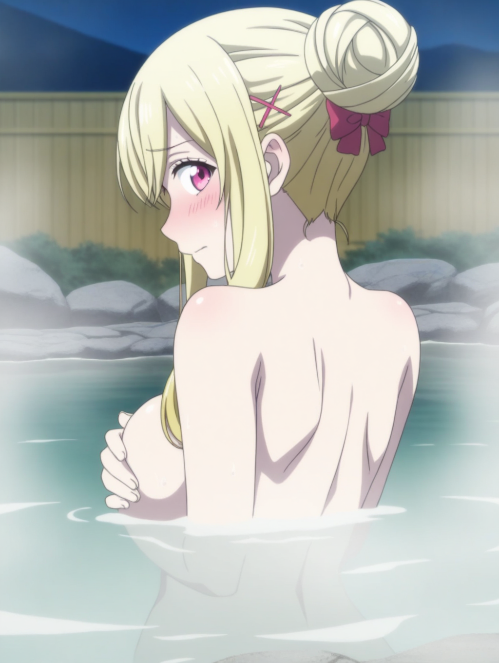 masterpiece, best quality, amazing quality, intricate detail, detailed, anime coloring, <lora:Urara_Shiraishi_LW:0.8> Urara_Shiraishi_LW, anime screenshot, 
blonde hair, long hair, pink eyes, x hair ornament, 1girl, solo,
onsen, hair bun, shy, bow, large breasts, steam, partially submerged, covering breasts, far away, wide shot, from behind, turning around, looking back, shy,