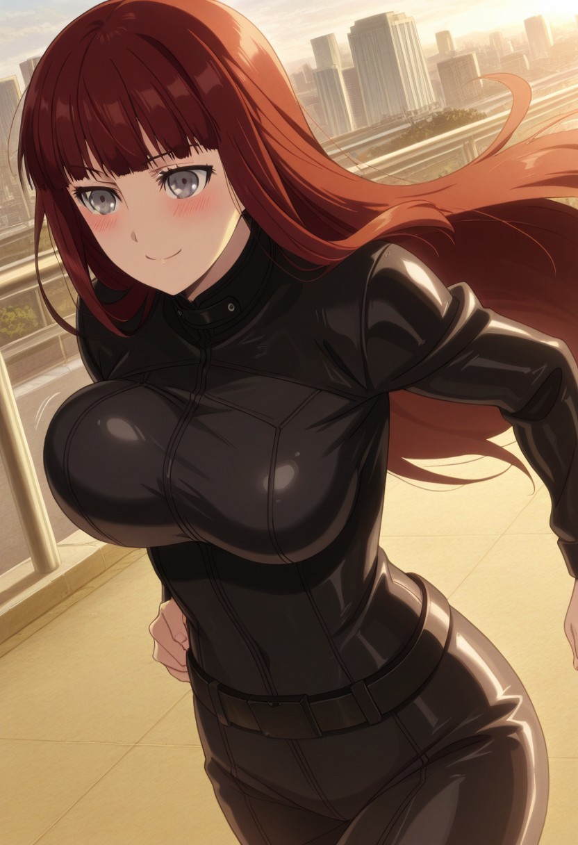 anime screencap, anime coloring, masterpiece,best quality,amazing quality, perfect face, perfect eyes, city, Kagari Shiina (character), 1girl, solo, red hair, long hair, blunt bangs, grey eyes, black bikesuit, black body suit, skin tight, iron made zip, closed zip, black belt, big breasts,  front view, cowboy shot smile, 23 years old, aged up, upper body, centered figure, looks serious, hands on hips, blush, natural beauty, running, breasts movement, bouncing breasts, unaligned breasts, upper body, head focus,
Kagari Shiina