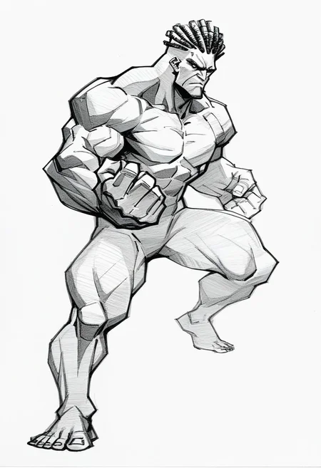 score_8_up, score_7_up, score_6_up (cel-shading, rivals), (((yoji_shinkawa, Sketch, Traditional media, flat color))), <lora:Yoji_v2-000014:0.85>, (((nsfw))),
movie-themed, sharp, detailed, epic photography, artistic, dramatic light, cinematic style, film style, bokeh, cinemascope, moody, epic, gorgeous, film grain, grainy, (((gritty)))
reference sheet, (full body, from side, front:1.1), upper body, cartoon, (((solo focus)))
CharacterDesignXL <lora:XLPCharacterDesign_Concept-10V2:0.8>, (((doomfist)))
BREAK
(((african american male))), (((kung fu fighter))), (((character model))), dreadlocks, 30 years old, ((street fighter)), ((full body, 3/4 pose)), character design, fighting stance,
(dynamic angle), (((plain background, white background)), background out of focus, simple background,