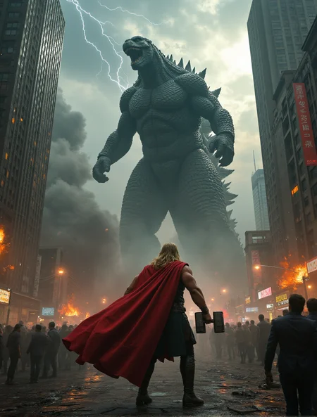In a chaotic cityscape, with skyscrapers crumbling under the strain of an earth-shattering battle, the mighty Thor stands his ground, his muscular frame outlined against a stormy sky crackling with energy. His iconic red cape billows dramatically behind him, reflecting the fiery hues of the setting sun, while his powerful grip tightens around the enchanted hammer, Mjolnir, which hums with electric anticipation. Before him, the colossal figure of Godzilla looms, scales glistening dark green and sharp against the backdrop of the war-torn skyline. With each powerful stomp, the ground quakes beneath him, sending tremors through the cracked pavement and shattering windows in nearby buildings. The air is thick with tension, punctuated by an ominous growl that reverberates like thunder, as Godzilla prepares to unleash his devastating atomic breath. Around them, debris fills the air, and dense clouds of smoke rise from the wreckage, swirling like phantoms in the dim light. The frenzied crowd below watches in awe and terror, their gasps and whispers creating a cacophonous melody mingled with the sounds of sirens wailing from emergency vehicles scrambling to respond. As Thor unleashes a crackling bolt of lightning, illuminating the dark landscape, the atmosphere is charged with raw energy. The clash between the Norse god and the legendary beast embodies an epic struggle, a battle not just of strength, but of titanic wills, as each fighter readies for the inevitable clash that will determine the fate of the city and its inhabitants.
