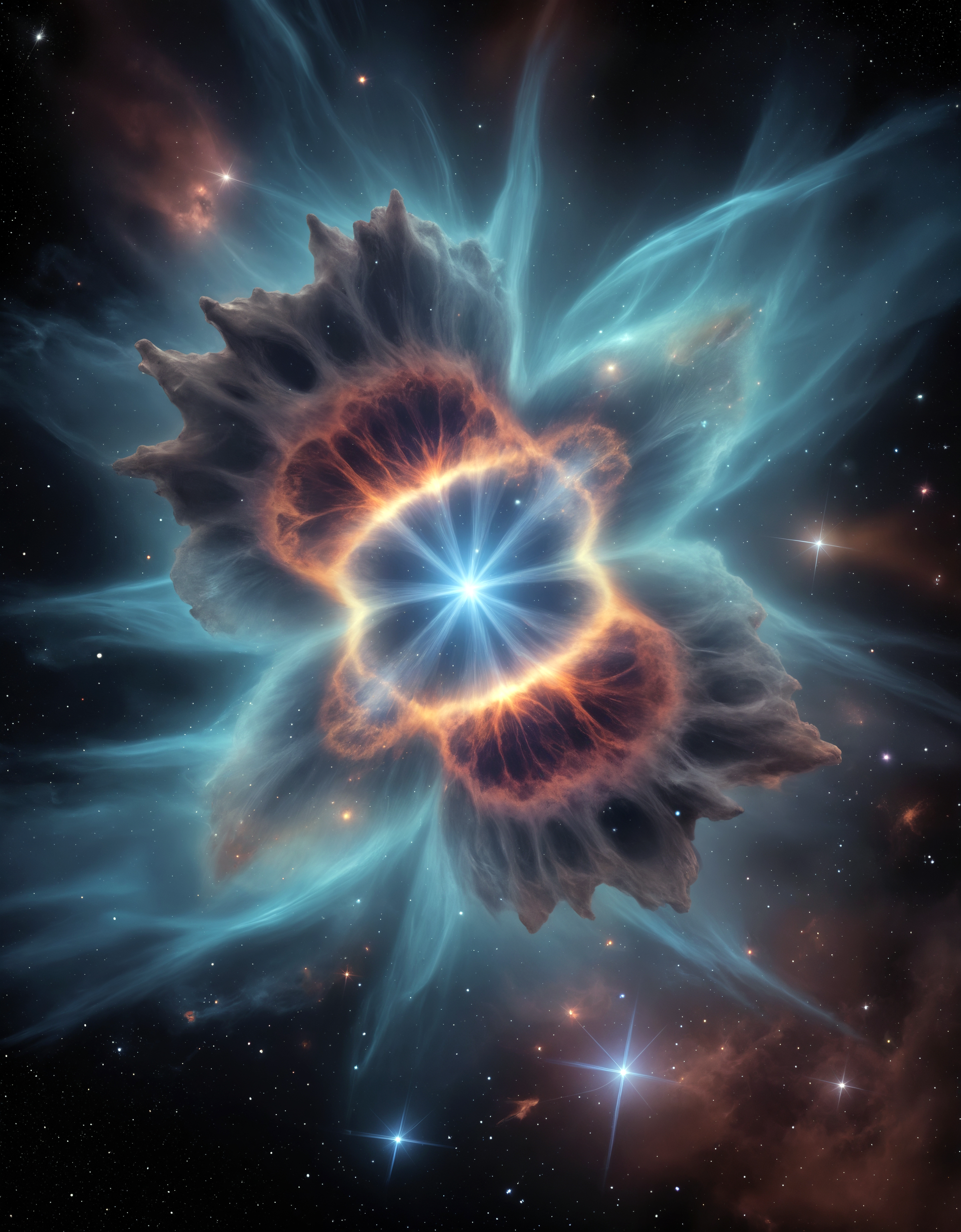 (a supernova) in space around a nebula and meteors, space, nebula, ectoplasm, translucent, chaos, (cosmic horror:1.3), dreamlike, face focus, intricate details, sharp focus, photography, photorealism, photorealistic, 8k, soft focus, volumetric light, (intricate details), (hyperdetailed), 8k hdr, high detailed, lot of details, high quality, soft cinematic light, dramatic atmosphere, atmospheric perspective,
