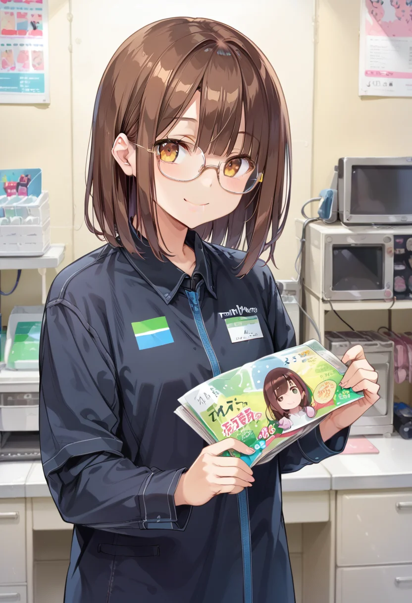 score_9, score_8_up, score_7_up, rating_safe, masterpiece, best quality, absurdres, unity 8k wallpaper, official art, official style, source_anime, uncensored, game cg, megami magazine,
famimaU, employee uniform, japan, 1girl, solo, brown hair, looking at viewer, shirt, smile, indoors, long sleeves, holding, medium hair, glasses, upper body,
<lora:famima_indoors_PONY_V1:1>