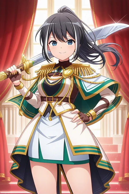 masterpiece, best quality, amazing quality,
 <lora:Kuina_IL:1> kuina, 1girl, weapon, solo, sword, black hair, holding weapon, holding sword, holding, long hair, smile, hand on hip, fingerless gloves, gloves, looking at viewer, ponytail, high ponytail, epaulettes, over shoulder, capelet, blue eyes, weapon over shoulder, standing, floating hair, stage outfit, red curtains