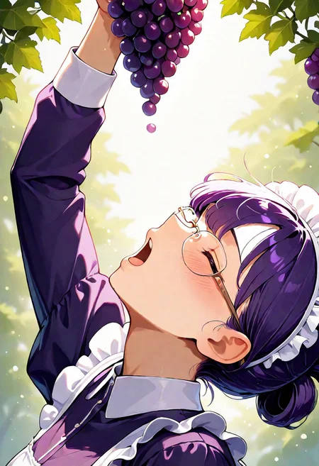masterpiece, very aesthetic, absurdres, newest, 1girl, portrait, side view, maid, purple dress, white apron, maid headdress, eyes closed, purple hair, folded ponytail, glasses, arm above head, head back, holding a bunch of grapes, open mouth, tongue, blush, vineyard background