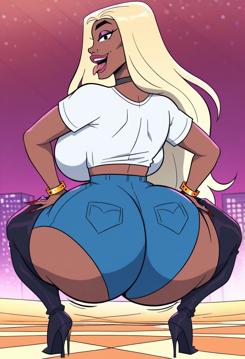 score_9, score_8_up, score_7_up,masterpiece,sole female,perfect face,perfect eyes,looking at viewer,show accurate ,1girl,solo,Danita's character from Good Times, Good Times style,red nails,blonde hair, fingernails, nail polish,makeup,  dark-skinned female, dark skin, hourglass figure,cheekbone,black eyes,black iris,
smile,open eyes,open mouth,tongue out
front view,face focus,close up,portrait,upper body only,face focus only
white shirt,crop top, thigh boots, cleavage, bracelet,blue shorts,high heels, high heel boots,thigh highs,
jewelry
huge breasts,round breasts,huge ass,round ass,, 
huge ass,huge hips,giant ass,hyper ass,back view,squatting,twerking,motion lines