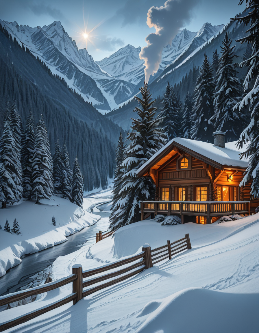 A stunning winter scene in the Tyrol region of Austria. A charming wooden chalet with traditional alpine architecture stands on a gentle snow-covered slope, surrounded by dense evergreen forests blanketed in fresh snow. The chaletâs warm interior lights glow softly through its large windows, creating a cozy contrast against the cool twilight hues of the sky. A plume of smoke drifts from the chimney, hinting at a roaring fireplace inside. In the foreground, a small wooden fence is partially buried under the snow, while a frozen river winds through the valley, reflecting the moonlight. Towering, snow-capped peaks of the Austrian Alps dominate the background, adding a breathtaking sense of grandeur. Snowflakes gently fall, adding movement and depth to the peaceful, picturesque scene. The image is hyper-realistic, capturing the intricate textures of the wood, snow, and ice, with cinematic lighting that highlights the magical winter ambiance.
<lora:SDXLFaeTastic2400:0.4> <lora:extremely_detailed:0.4> extremely detailed,winter scene in the Tyr0l, <lora:winter_scene_in_the_Tyr0l-i:1>, Masterpiece,best quality,hi res,8k,hi res,8k,award winning,(sharp focus, intricate, highly detailed),