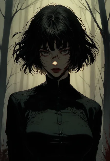 score_9, score_8_up, score_7_up, score_6_up, gthan, gthan, 1girl, solo, black hair, looking at viewer, short hair, bangs, closed mouth, dress, black eyes, dutch angle, red lips, fair skin, big breasts, dark forest, dappled moonlight, upper body, blood, lowered head