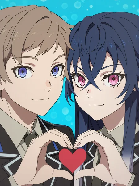 masterpiece, best quality, amazing quality, very aesthetic, absurdres, newest, defined facial features, anime coloring, anime screencap,
<lora:Irina-Lev-Anya_IL1.1v0a:1> luminesk irina, black blazer, collared shirt, necktie, side-by-side, heart hands duo, BREAK 1boy, leps lev, black blazer, collared shirt, necktie, side-by-side, heart hands duo,