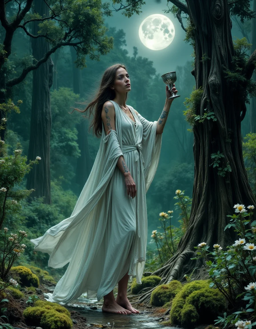 The Moonlit Priestess of the Silent Grove A solitary priestess, her bare feet gliding silently over soft moss, walks through a grove bathed in silver moonlight, her long white robes trailing behind her like mist. Delicate silver tattoos, glowing faintly, spiral along her arms, symbols of devotion to an unseen deity. Her soft, enigmatic face, framed by loose, flowing hair, carries an expression of deep serenity as she raises an ornate silver chalice toward the massive, ancient tree at the heart of the grove. The roots of the tree pulse faintly with an ethereal glow, and soft whispers, neither threatening nor welcoming, echo through the still air. The wind carries the scent of night-blooming flowers and damp earth, as if the entire grove breathes in time with her presence. The atmosphere is mystical, serene, and reverent, capturing the moment of communion between mortal and divine.
<lora:dark-fantasy-flux:1>