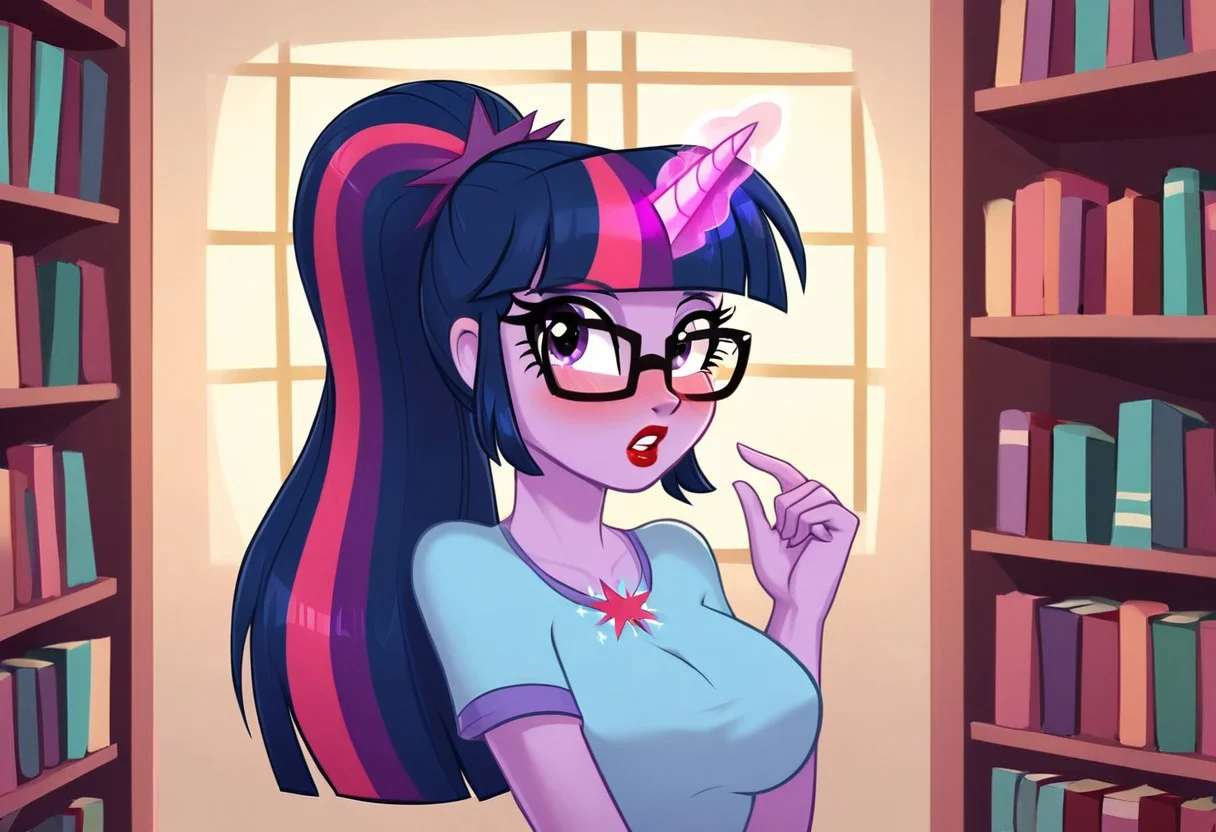by scorpdk, scorpdk, score_9, score_8_up, score_7_up, score_6_up, score_5_up, score_4_up, source_furry, source_pony, rating_safe, humanized, equestria girls, female,
solo, 1 girls,
Twilight Sparkle Pony looking shocked, home library background. MLP. EG. horse ears. glowing unicorn horn, wings, pony tail hair, glasses,
red lipstick. bedroom background,
looking at viewer,
blush, big_breasts,