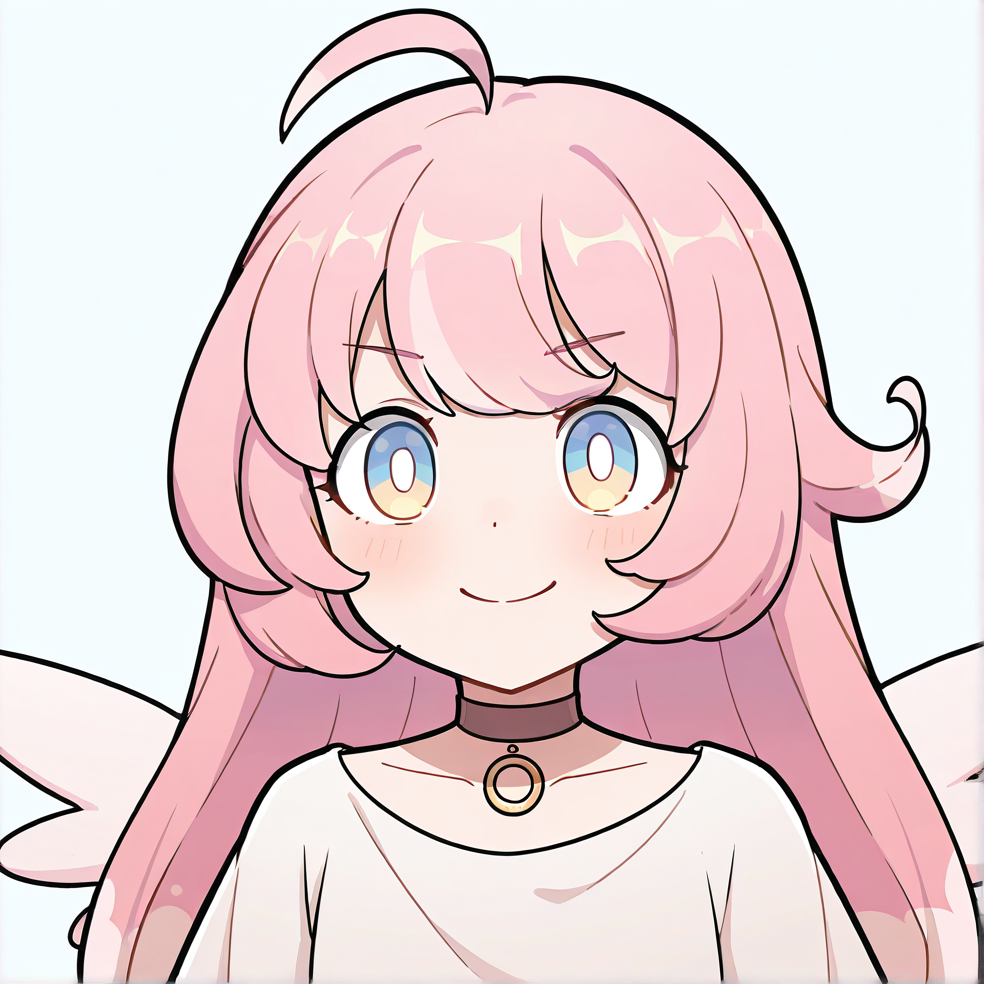 masterpiece, best quality, very aesthetic, absurdres, detailed, break, raphy_(princess_connect), 1girl,long hair,pink hair,ahoge,multicolored hair,bangs,blue eyes,wings,white dress,choker
