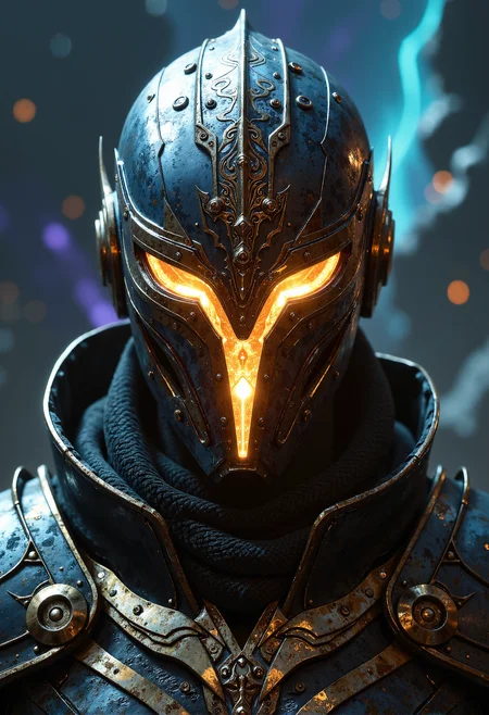 A striking close-up of a futuristic warriorâs helmet, crafted from dark metallic alloys with an intricate, almost ancient design. The surface is adorned with glowing, arcane circuitry, pulsing with an ethereal golden light that radiates from the center like a sacred energy source. Deep, geometric engravings and cryptic symbols weave across the helmetâs faceplate, hinting at an advanced yet forgotten civilization. The luminous patterns extend outward, casting a soft halo effect that merges seamlessly into a cosmic expanse - a surreal backdrop of deep blues, purples, and streaks of electric cyan, resembling a celestial battlefield. Wisps of energy swirl around the edges of the helmet, where sharp contours are accented by a fiery bronze glow, creating a striking contrast against the void-like shadows. The hyper-detailed rendering captures every reflection, every subtle imperfection in the metal, making the mask feel both otherworldly and tangible, as if it belongs to a lost warrior standing between technology and divinity. <lora:artisketchyfs-v02.safetensors:0.5>, <lora:aidmaBaldursGate3-FLUX-v0.1.safetensors:0.5>,
