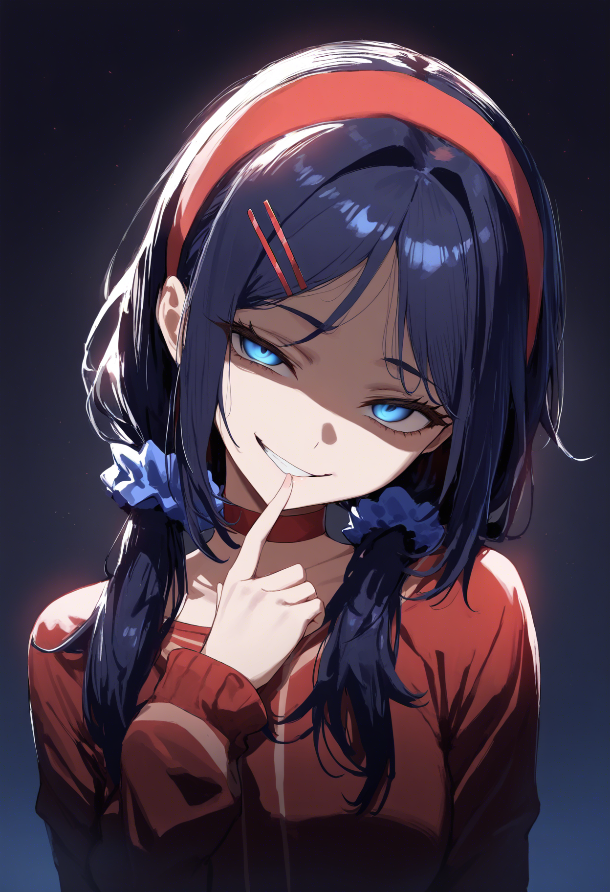 masterpiece, best quality, high score, great score, absurdres, 1girl, mita \(miside\), miside, blue eyes, low twintails, red hairband, blue scrunchie, red hairclip, red choker, finger to mouth, partially shaded face, head tilt, gesugao, smirk, upper body, dark background, dark
