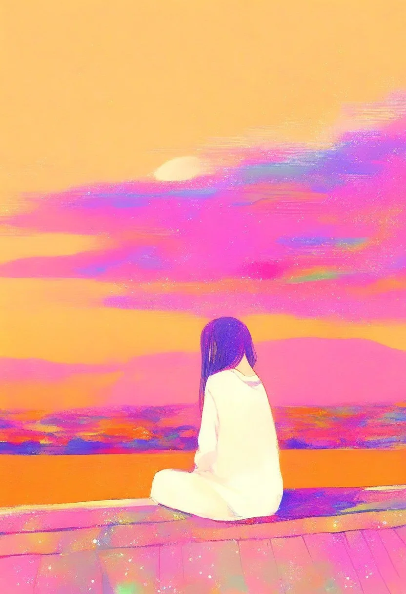 very intricate, very detailed, sharp, colorful, after rain, black hair, from behind, , looking up, outdoors, rainbow, (((scenery, pink-purple clouds, orange-yellow sky, a long hair girl sitting on roof, bunnies sitting on roof, sitting together, back view, orange roof, rainbow, ))), shadow, solo, sparkle, white shirt, white sleeves