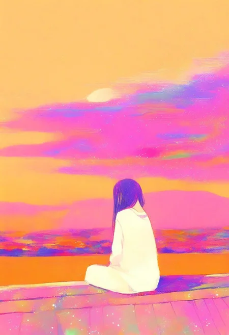 very intricate, very detailed, sharp, colorful, after rain, black hair, from behind, , looking up, outdoors, rainbow, (((scenery, pink-purple clouds, orange-yellow sky, a long hair girl sitting on roof, bunnies sitting on roof, sitting together, back view, orange roof, rainbow, ))), shadow, solo, sparkle, white shirt, white sleeves
