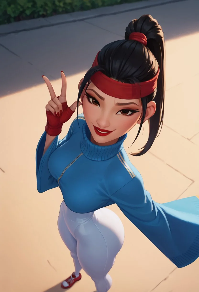 score_9, score_8_up, score_7_up, ultra quality, solo, 1girl, chang'e_tt, 1girl, asian, high ponytail (black hair, red headband), big eyelashes, brown eyes, makeup, red eyeshadow, red lipstick, red nails, red wristbands, blue track jacket (turtleneck, wide sleeves), light blue spandex, smug smile, big hips, big butt, bubble butt, breasts, narrow waist, curvy, score_9, score_8_up, score_7_up, score_6_up, looking at the viewer, standing, close up, view from above, screencap