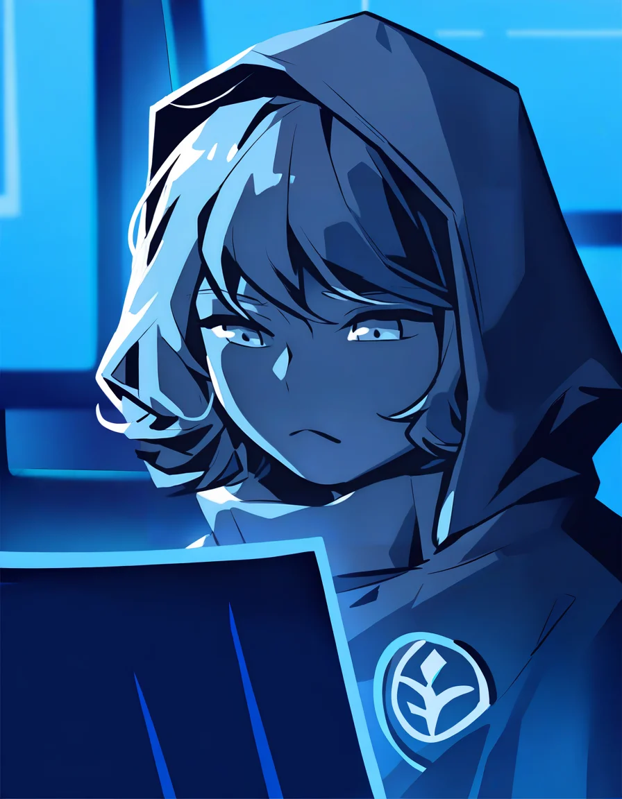 lamiya,anotherstyle,1girl,solo,hood,monochrome,hood up,short hair,closed mouth,frown,monitor,blue theme,bangs,jacket,upper body,<lora:lamiya_noob>,
masterpiece,best quality,very aesthetic,absurdres,