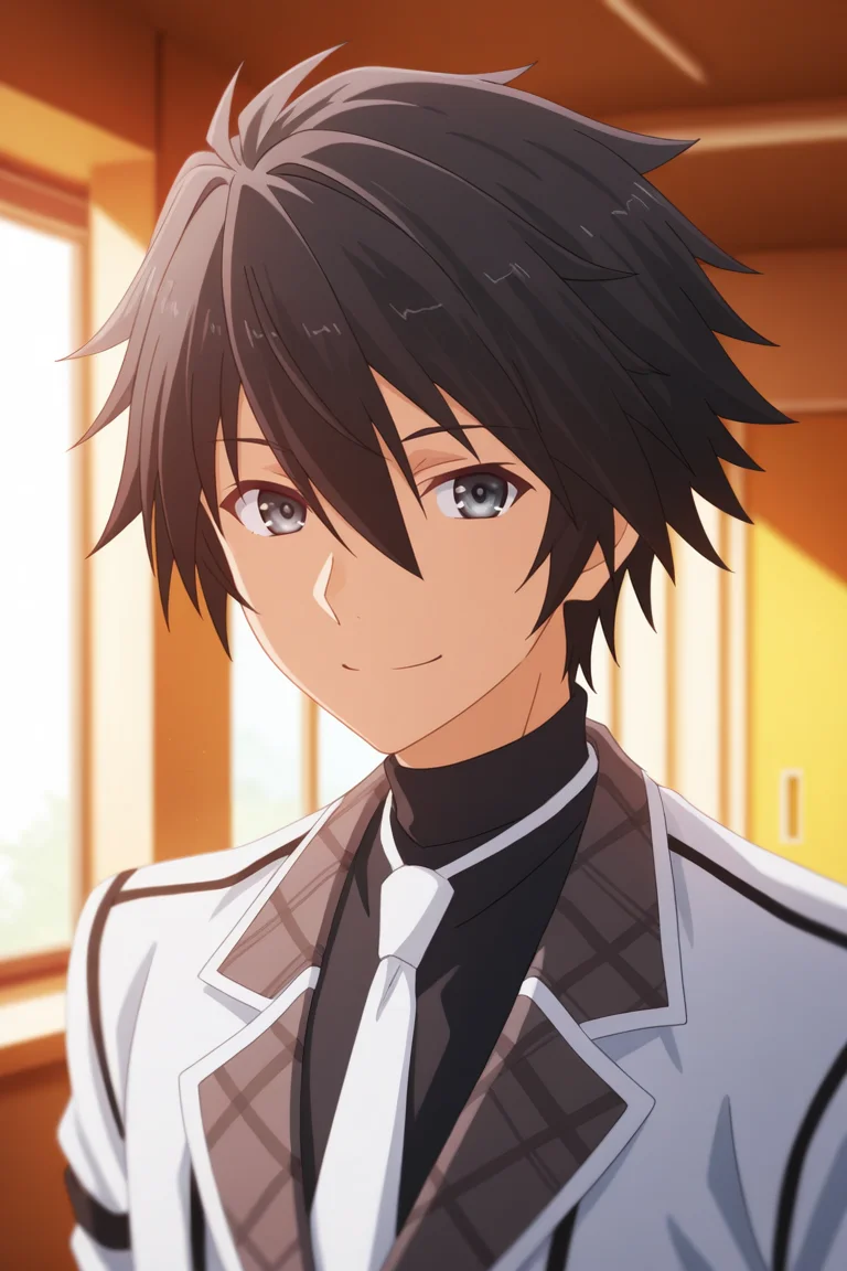 masterpiece, best quality, amazing quality, very aesthetic, high resolution, ultra-detailed, absurdres, newest, scenery, volumetric lighting, depth of field,anime screencap , , , 1boy, solo, male focus, <lora:ikki:0.93>,ikki kurogane, black hair, grey eyes,short hair,spiky hair,smile, shirt,hair between eyes, closed mouth, jacket,necktie,black shirt, looking to viewer,turtleneck, portrait, white necktie,indoors,school