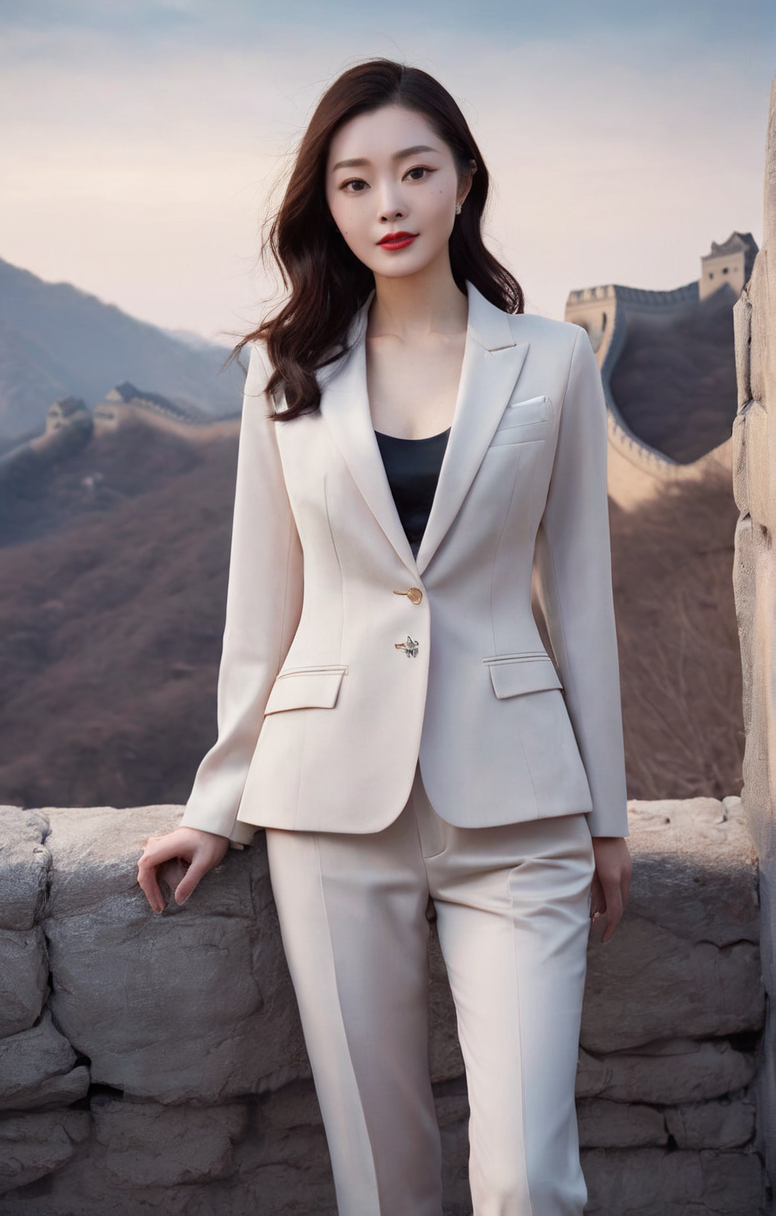 UHD, 4k, ultra detailed, cinematic, a photograph of (masterpiece,best quality,ultra high res:1.2),(photo-realistic:1.3),(beautiful face,exquisite face,skin texture:1.1),(Structured_blazer:1.4),(Cigarette_pants:1.3),(Pointed-toe_pumps:1.2),
side_light,sweet,<lora:songyi_XL_0_-000004:1.1>,
chinese actress,songyi,the background is the great wall,, epic, beautiful lighting, inpsiring