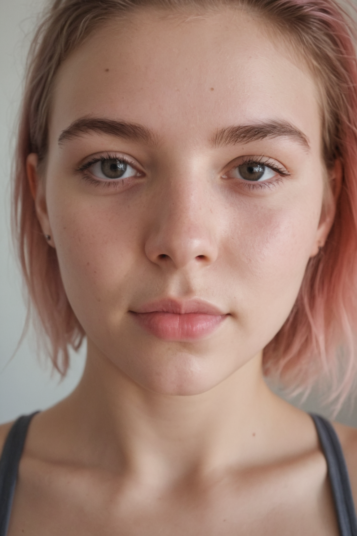 Generate a close-up image that captures an 18-year-old girl with rainbow-colored hair and a sweaty face, looking seductively and directly into the camera, wearing skimpy pink sportswear, perhaps after a strenuous workout or sports activity.