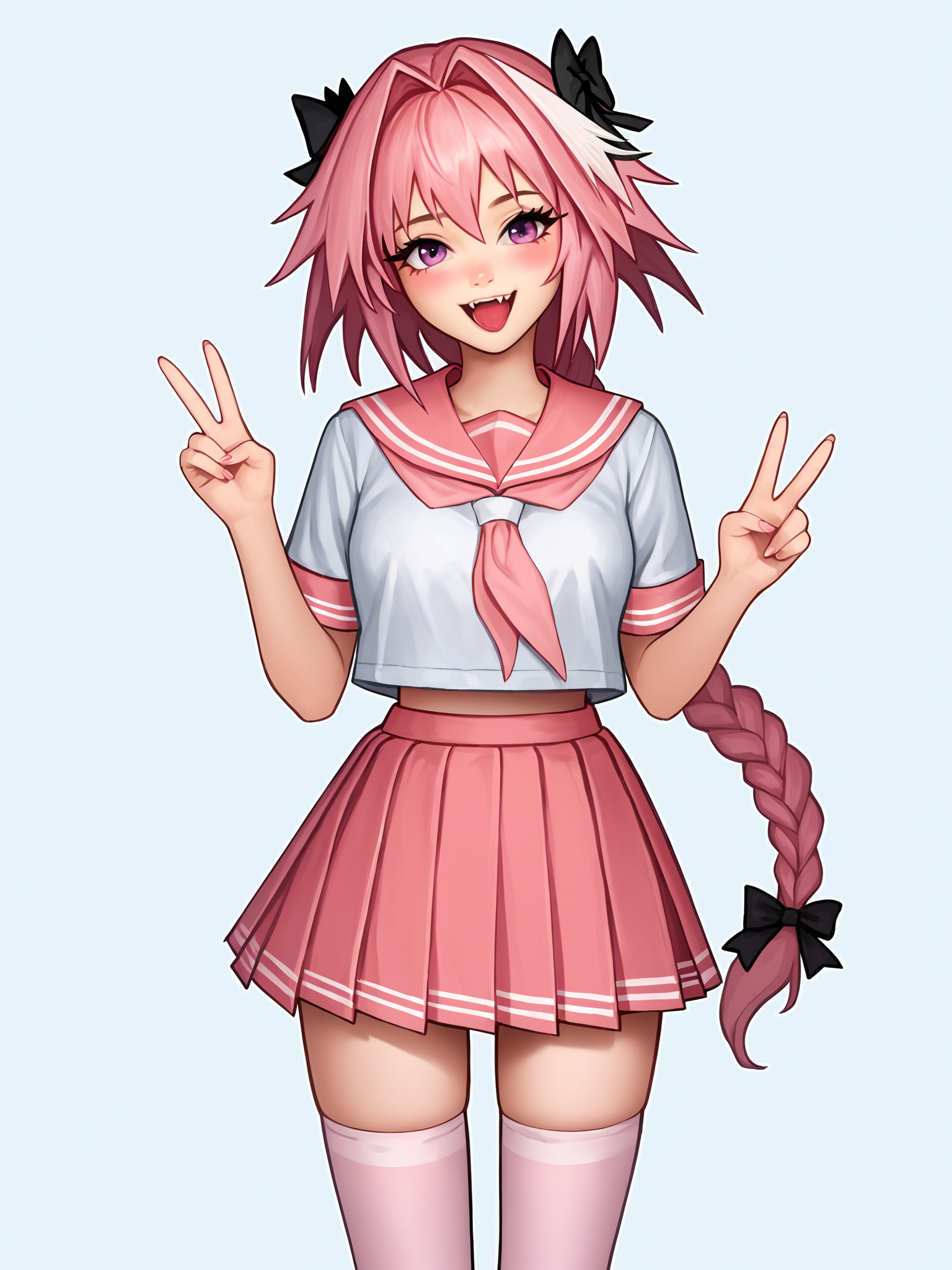 score_9, score_8_up, score_7_up, score_6_up, score_5_up, score_4_up, rating_safe
BREAK
astolfo \(fate\), otoko no ko, pink hair, braid,
BREAK
solo, standing, pink serafuku, white shirt, pink thighhighs, pink skirt, peace sign,
BREAK
white background, <lora:Lunas-Prywinko-SDXL-A1:1>