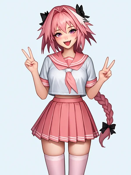 score_9, score_8_up, score_7_up, score_6_up, score_5_up, score_4_up, rating_safe
BREAK
astolfo \(fate\), otoko no ko, pink hair, braid,
BREAK
solo, standing, pink serafuku, white shirt, pink thighhighs, pink skirt, peace sign,
BREAK
white background, <lora:Lunas-Prywinko-SDXL-A1:1>