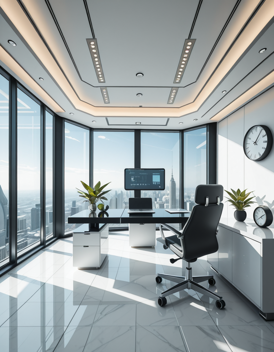 A modern, luxurious executive secretary's office located at the top floor of a futuristic skyscraper. The office has floor-to-ceiling glass walls offering a breathtaking panoramic view of a bustling metropolis under a clear blue sky. Inside, the design is ultra-minimalist and high-tech, with sleek white furniture, a glossy black desk with an integrated digital interface, and an ergonomic designer chair in matte gray leather. There are a few elegant green plants strategically placed for a touch of nature. A thin holographic screen hovers above the desk, displaying schedules and emails. The lighting is bright but soft, coming from recessed LED strips in the ceiling and natural sunlight pouring in. The atmosphere feels calm, professional, and cutting-edge, reflecting the spirit of a powerful tech company. In the background, a subtle artistic sculpture and a minimalist clock complete the decor.
<lora:SDXLFaeTastic2400:0.4> <lora:extremely_detailed:0.4> extremely detailed,secretary 0ff1c3, <lora:secretary_0ff1c3_r1-i:1>, Masterpiece,best quality,hi res,8k,hi res,8k,award winning,(sharp focus, intricate, highly detailed),