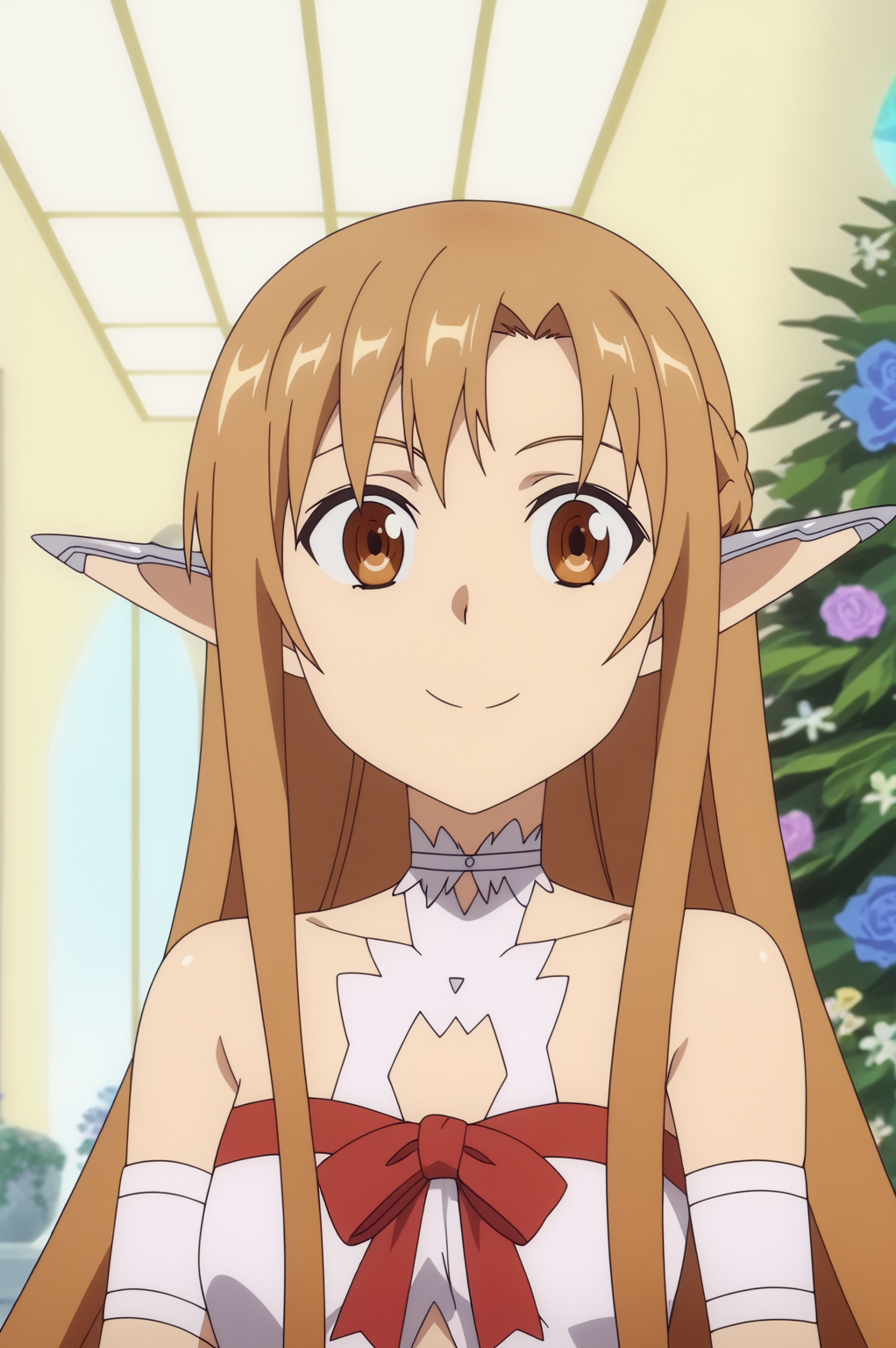 anime screencap,  Enchanted moonlit forest with mystical creatures, Asuna, fairy queen outfit, light smile, upper body  <lora:COMMISION-SAO-Asuna-PDXL-v2:0.8>