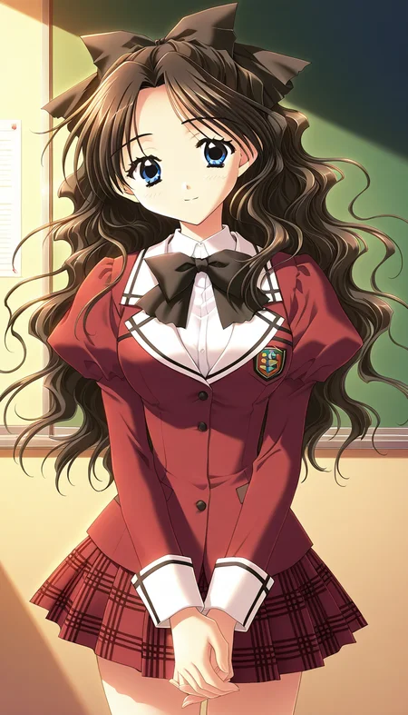 general,highres, ultra-detailed,very aesthetic,best quality ,best hands, BREAK <lora:Shirai_Yuuri_IS:1>ShiraiYuuri, 1girl, long hair, brown hair, blue eyes, hair bow, ribbon, black hair, wavy hair, hair ribbon, breasts,light smile,
school uniform, red skirt, black bow, plaid, plaid skirt, long red sleeves, bowtie, pleated skirt, own hands together, jacket, puffy sleeves,
crass room,