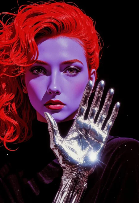A bold and vibrant pop art retro-style composition featuring a beautiful woman with light purple skin and striking red hair, set against a solid black background to highlight her dramatic features. Her face is the focal point, with her delicate expression framed by voluminous red locks, styled in a dynamic, flowing manner. The woman's left hand is raised near her face, the chrome-colored hand gleaming in the light with a highly realistic metallic finish. The hand is rendered with intricate attention to detail, showing a glossy, reflective surface that sparkles with hints of silver and shimmering highlights, as if it were polished to perfection. The reflective chrome texture of the hand catches the light, creating a dazzling effect, with small glimmers of light bouncing off the smooth surface and adding depth and realism. Her vivid purple skin contrasts sharply with the metallic, silver tone of the hand, creating a striking visual juxtaposition. The background remains solid black, further emphasizing the bold interplay of colors and giving the composition a dramatic, high-impact feel. The composition uses sharp, clean lines and exaggerated pop art elements, with a dynamic retro aesthetic that recalls mid-20th-century poster art, adding a layer of modern surrealism and visual intrigue. aesthetic_pos3