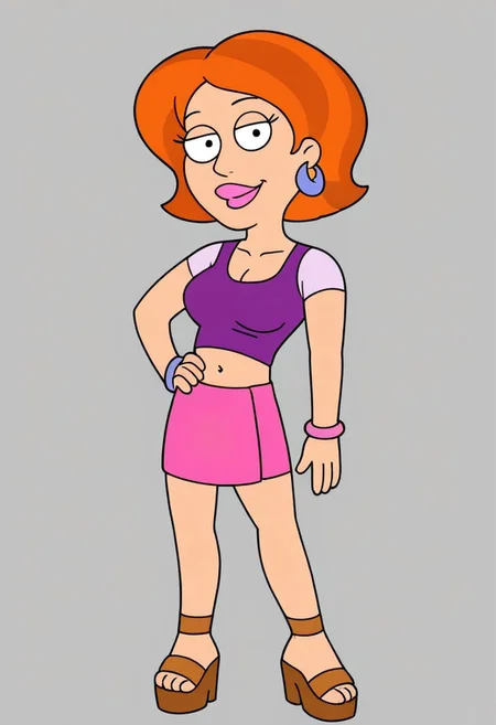 score_9, score_8_up, score_7_up, score_6_up, high quality, perfect eyes, perfect face, source_cartoon, high quality, parody style, Jenny Bowen, 1girl, solo, orange hair, earrings, bracelet, pink lipstick, breasts, green bracelet, pink bracelet, cleavage, purple tank top, short sleeves, navel, midriff, purple bracelet, pink skirt, sandals,, standing, high heels, flat color, looking at viewer,hand on hip, cowboy shot,simple background, masterpiece,best quality,amazing quality,very aesthetic,absurdres,newest