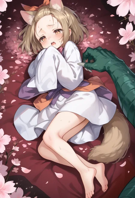 (score_9:0.9),score_8_up,score_7_up,rating_safe,anime style,(zPDXL),(zPDXL3),<lora:Ash Blossom & Joyous Spring ponyXL v1:0.71>,ash blossom & joyous spring,1girl,cherry blossoms,blush,barefoot,petals,lying,open mouth,tears,flower,sweat,sleeves past wrists,white kimono,green arm monster,